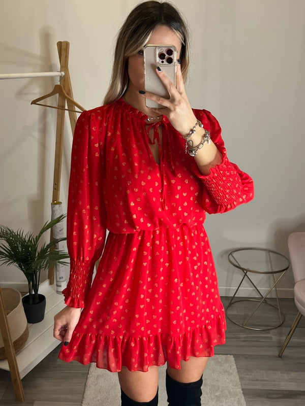 Vestitino rosso velato con cuori oro glitterati - Follie by Alice