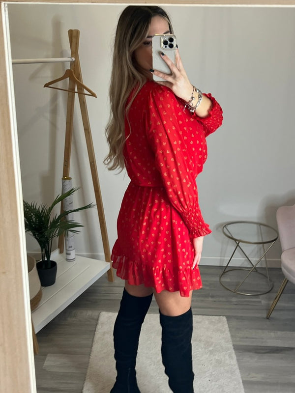 Vestitino rosso velato con cuori oro glitterati - Follie by Alice