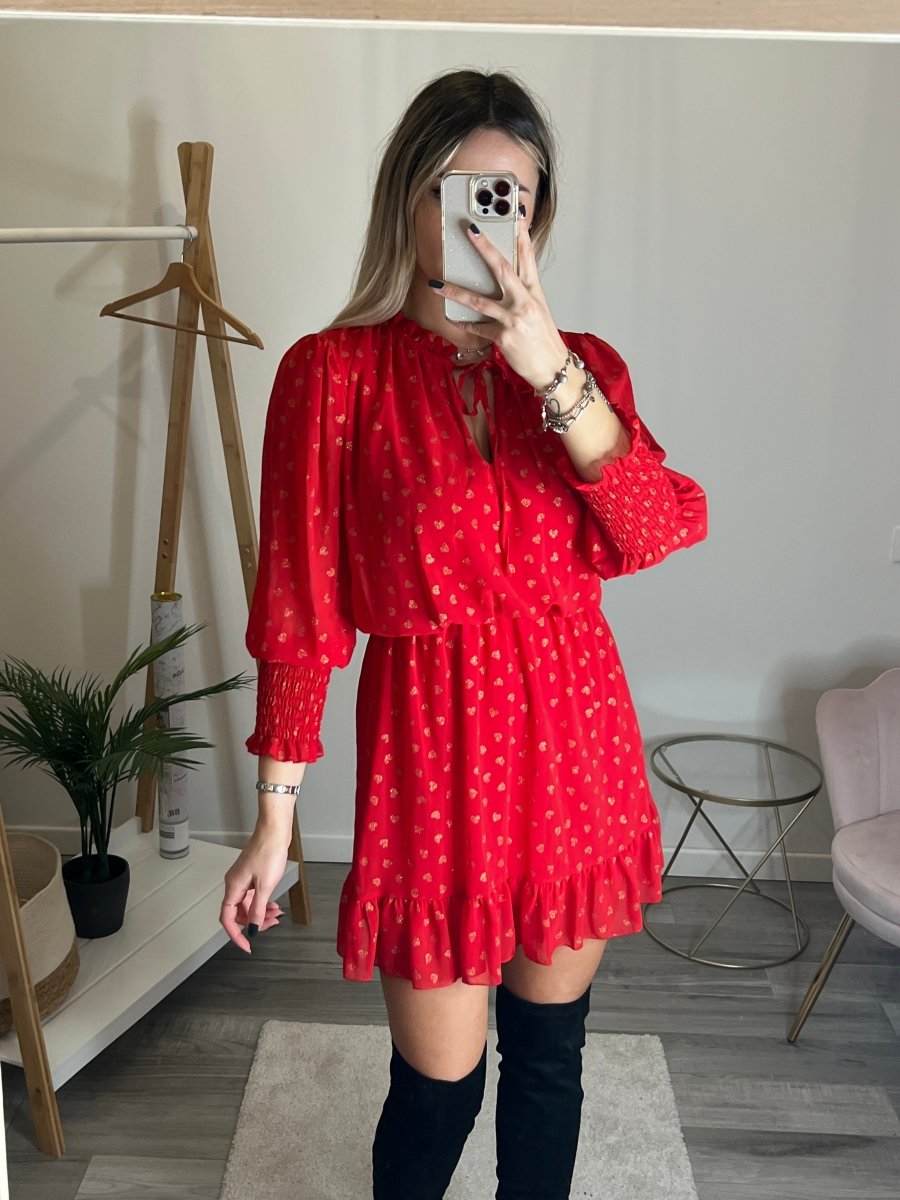 Vestitino rosso velato con cuori oro glitterati Immagine secondaria del prodotto