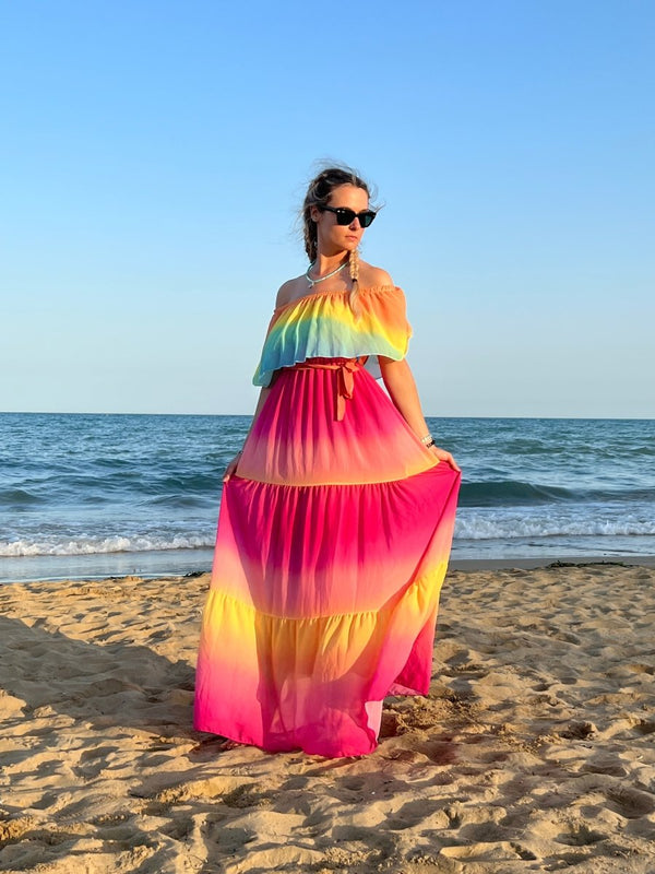 Vestito lungo fucsia e giallo tie - dye a balze - Follie by Alice