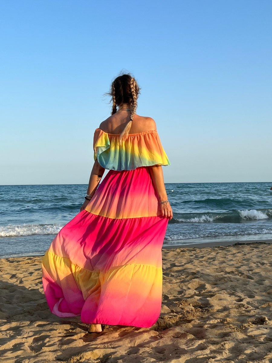 Vestito lungo fucsia e giallo tie-dye a balze