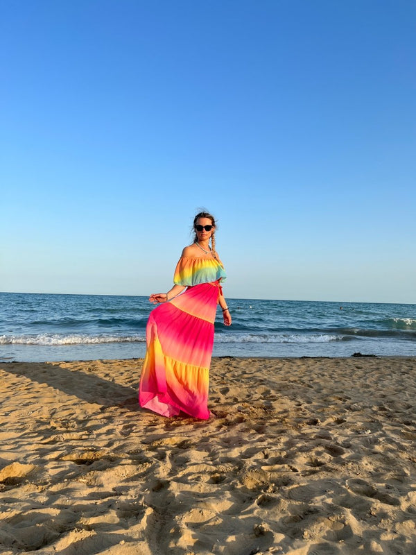 Vestito lungo fucsia e giallo tie - dye a balze - Follie by Alice