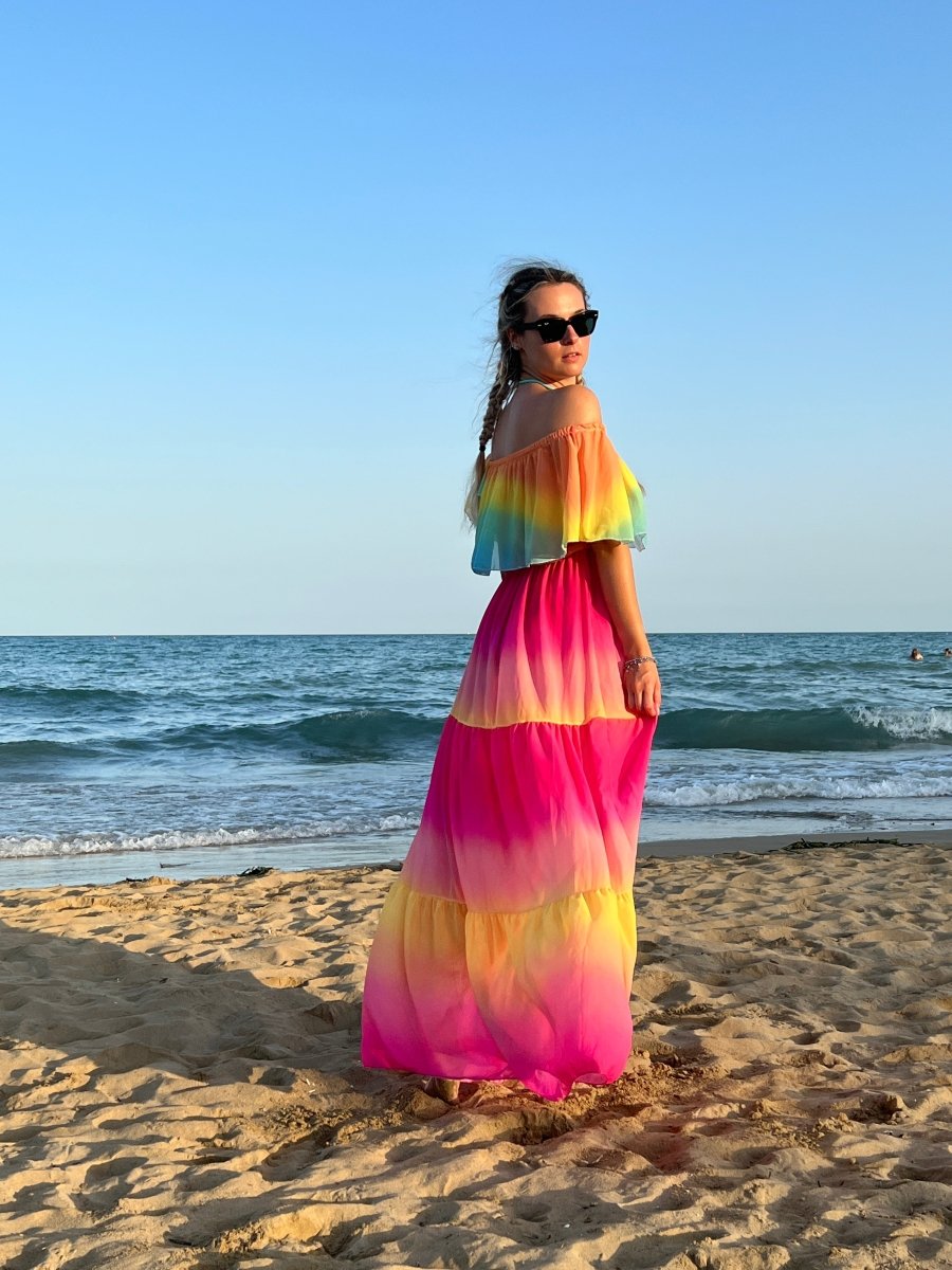 Vestito lungo fucsia e giallo tie-dye a balze – alternate