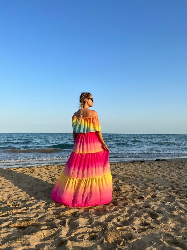 Vestito lungo fucsia e giallo tie - dye a balze - Follie by Alice