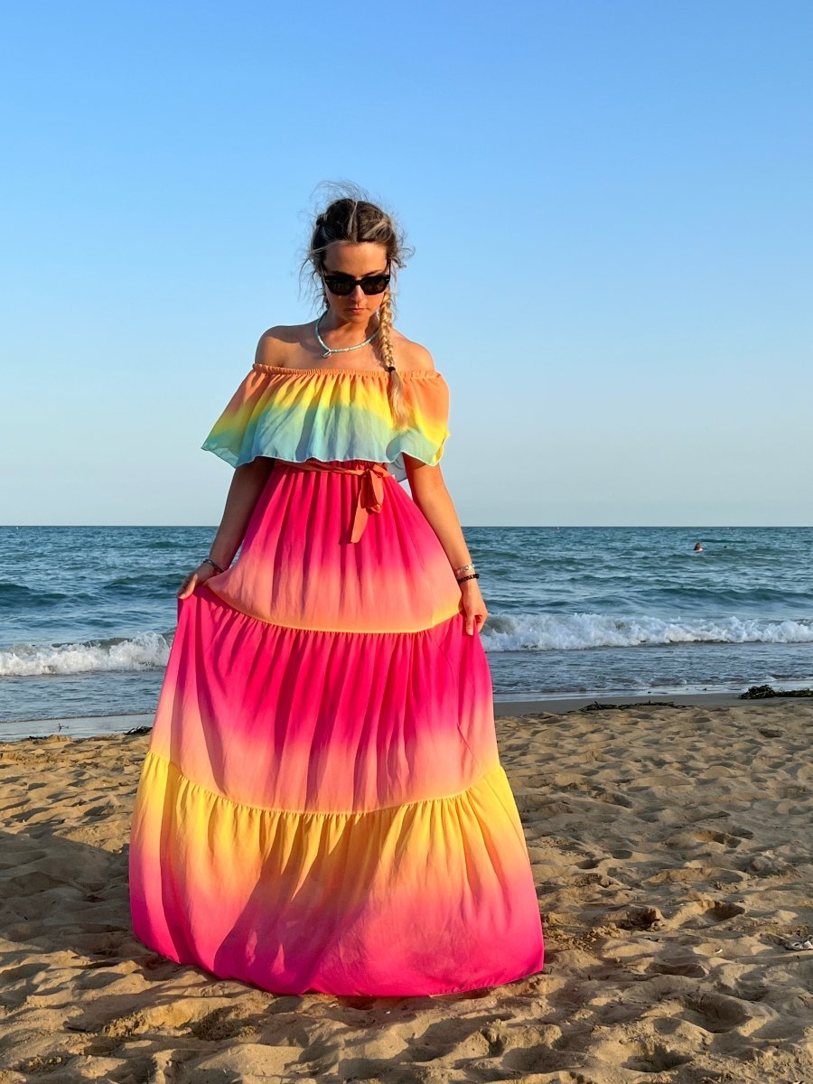 Vestito lungo fucsia e giallo tie - dye a balze - Follie by Alice