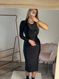 Vestito lungo nero monospalla con strass gioiello