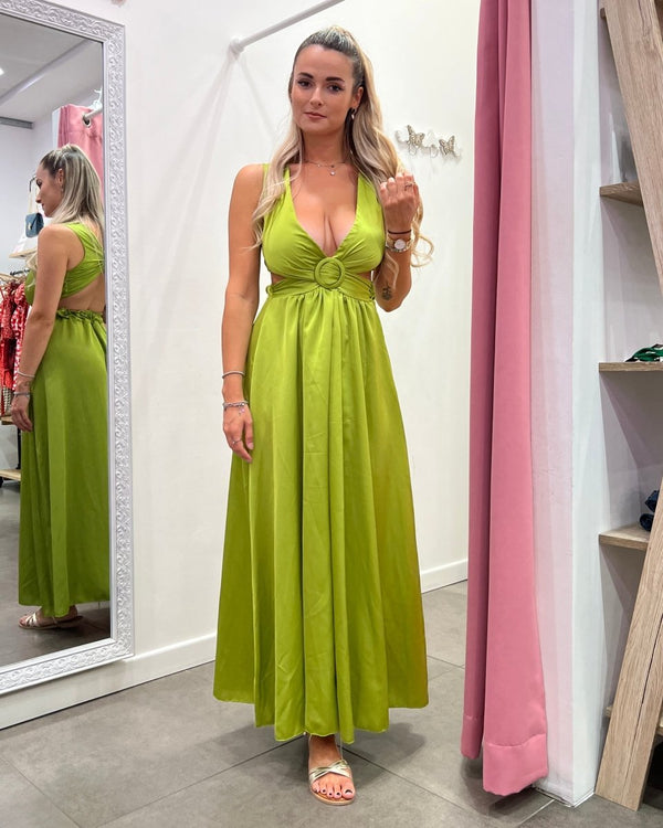 Vestito lungo verde satin con spacco - Follie by Alice