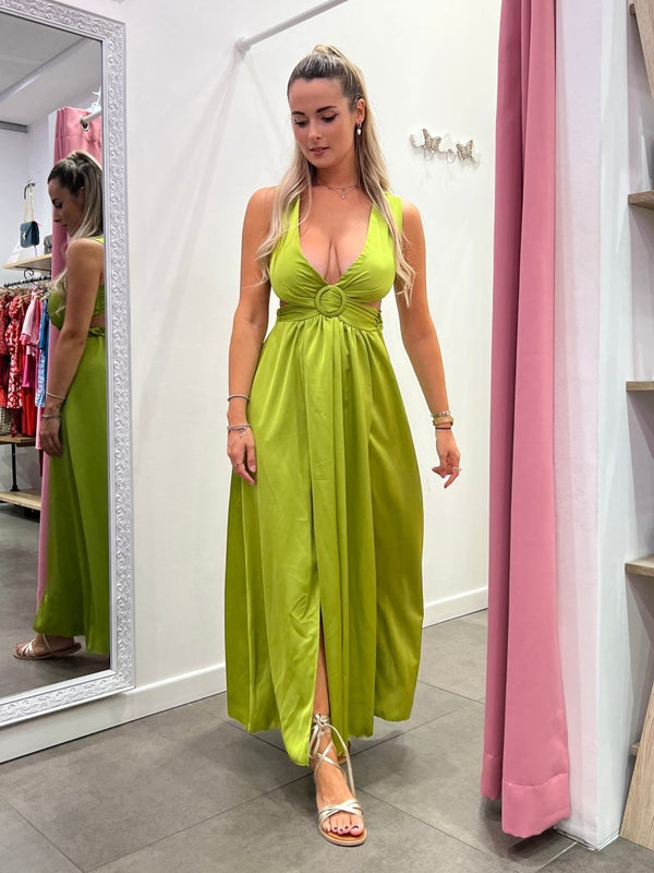 Vestito lungo verde satin con spacco - Follie by Alice